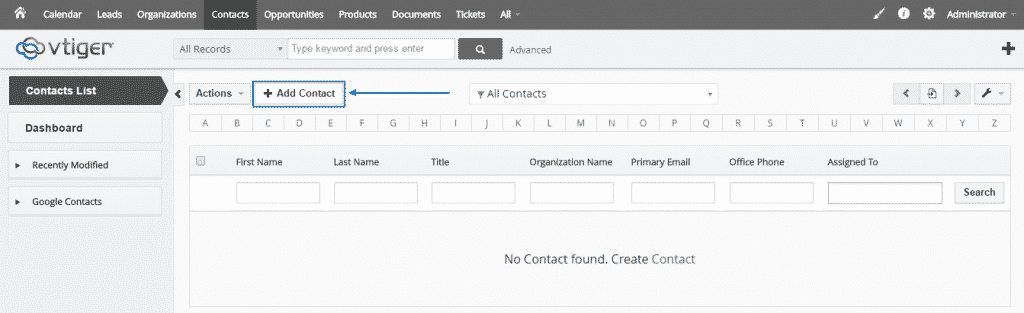 How to create contacts in vTiger CRM?