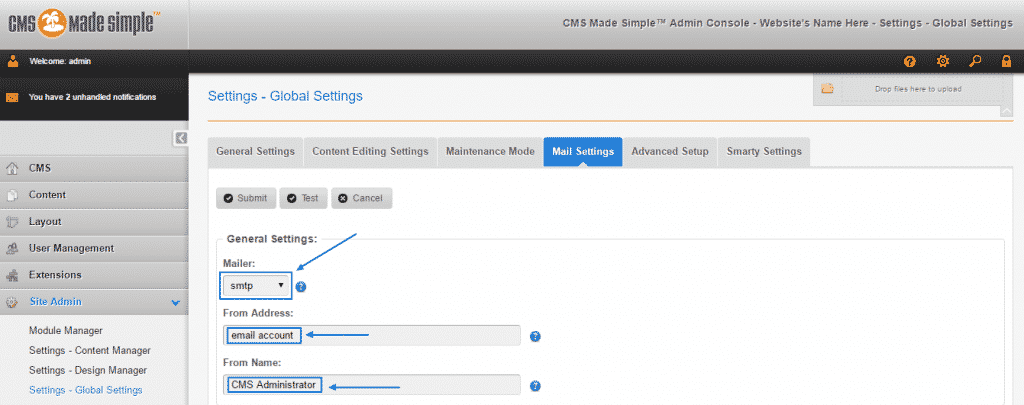 How to configure CMS Made Simple email settings?