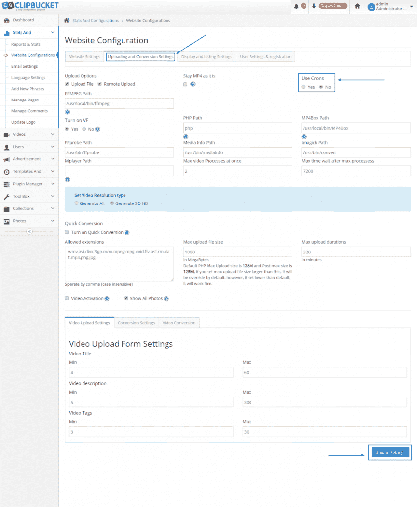 HOW TO MANAGE THE BASIC SETTINGS OF CLIPBUCKET?