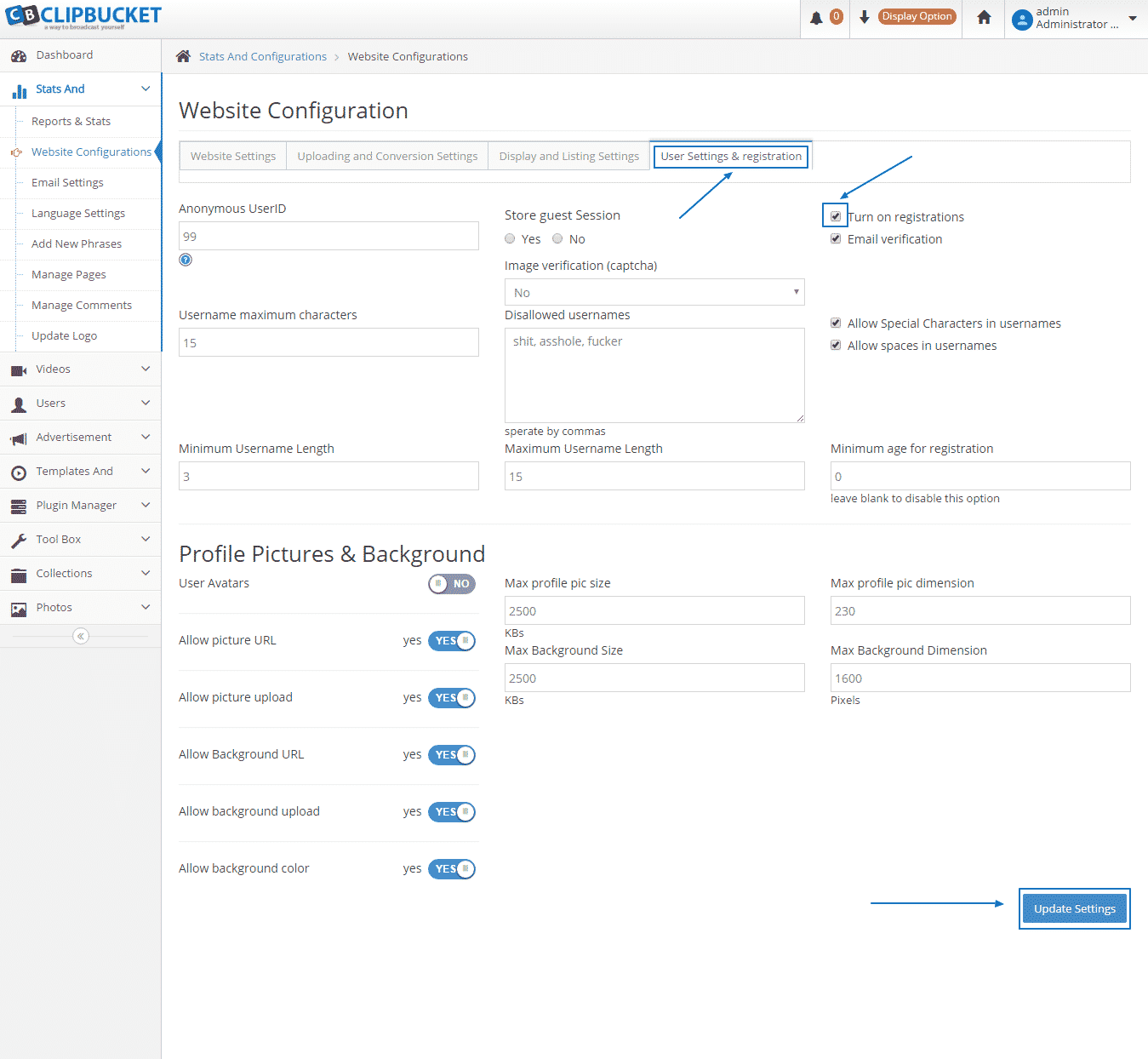 HOW TO MANAGE THE BASIC SETTINGS OF CLIPBUCKET?